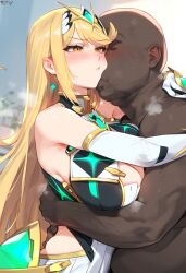 ai ai_generated blonde_female blonde_hair dark-skinned_male dark_skin dress interracial long_hair mrteardrop mythra white_hair xenoblade_(series) xenoblade_chronicles_2 yellow_eyes