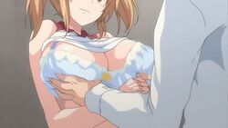 animated bra breast_grab breasts female grabbing gym_uniform huge_breasts ikkyuu_nyuukon light_brown_hair male queen_bee_(animation_studio) underwear