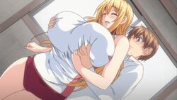 animated blonde_hair breast_grab breast_squeeze breasts closed_eyes female grabbing gym_uniform harukawa_megumi huge_breasts ikkyuu_nyuukon male megumi_harukawa_(ikkyuu_nyuukon) queen_bee_(animation_studio) thighs