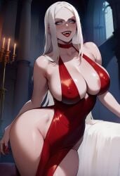 ai_generated carmilla_(castlevania) castlevania castlevania_(netflix) demonsummonerai fangs nipple_bulge nipple_outline nipples red_dress red_nails thiccwithaq_(ai_style) vampire vampire_girl wide_hips