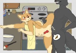 absurd_res anal anal_sex animal_genitalia animal_penis anthro appliance apron apron_only bite biting_lip blush blush_lines bodily_fluids canid canine canine_genitalia canine_penis canis clothing cum cum_while_penetrated dingo duo ejaculation exclamation_point genital_fluids genitals heart_symbol hi_res kitchen kitchen_appliance knot knotting leaning leaning_forward male male/male mammal oven penetration penis raised_leg shillcat stomach_bulge