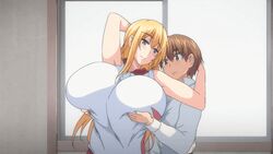 animated blonde_hair breast_grab breast_squeeze breasts female grabbing gym_uniform huge_breasts ikkyuu_nyuukon male queen_bee_(animation_studio)