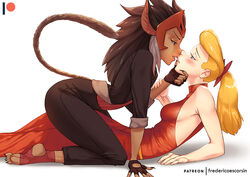 2girls adora alternate_costume animal_ears bare_arms black_eyes black_gloves black_hair black_jacket black_pants blonde_female blonde_hair blue_eyes blush breasts canon_couple cat_ears cat_girl cat_tail catgirl catra claws couple dark_skin dress duo eye_contact female female/female female_only ferolepo fingerless_gloves frederico_escorsin fully_clothed gentle_femdom gloves hair half-closed_eyes headgear human imminent_kiss interracial interspecies jacket lesbian long_hair looking_at_another medium_breasts monster_girl multiple_females multiple_girls mutual_yuri pants passionate ponytail red_dress romantic she-ra_and_the_princesses_of_power simple_background sleeveless sleeveless_dress tail white_background yuri