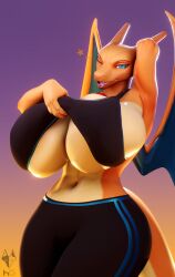 1girls 2020s 2024 3d altelier_t anthro anthro_female anthrofied big_breasts blue_eyes breasts busty charizard cleavage female female_focus female_only furry furry_only generation_1_pokemon gym_clothes hi_res highres hips hourglass_figure large_breasts lifting_clothing navel nintendo pokémon_(species) pokemon pokemon_(species) smile smiling solo solo_female solo_focus tail underboob wide_hips wings yoga_pants yuki_(evov1) yukizard_(evov1)