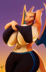 1girls 2020s 2024 3d altelier_t anthro anthro_female anthro_only anthrofied big_breasts blue_eyes breasts busty charizard cleavage female female_focus female_only furry furry_only generation_1_pokemon gym_clothes hi_res highres hips hourglass_figure humanoid large_breasts lifting_clothing navel nintendo pokémon_(species) pokemon pokemon_(species) smile smiling solo solo_female solo_focus tail underboob wide_hips wings wink yoga_pants yuki_(evov1) yukizard_(evov1)