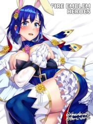 bangs bare_shoulders bed_sheet blue_eyes blue_hair blush boris_(noborhys) breasts bunny_ears catria_(fire_emblem) catria_(spring)_(fire_emblem) covering covering_breasts embarrassed fire_emblem fire_emblem:_mystery_of_the_emblem fire_emblem:_shadow_dragon_and_the_blade_of_light fire_emblem_heroes gloves hairband legwear looking_at_viewer mouth_open nintendo on_bed short_hair spring thighhighs