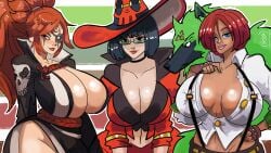 3girls baiken big_breasts big_butt big_lips black_hair blue_eyes breasts breasts_bigger_than_head breasts_squeezed_together breeches busty chocker cleavage cleavage_cutout cleavage_overflow clothed crossover curvy curvy_female curvy_figure eyepatch female female_focus female_only giovanna_(guilty_gear) glasses guilty_gear guilty_gear_strive huge_breasts i-no midriff mister_feelgood mole multiple_girls open_shirt pale_skin pale_skinned_female ponytail red_hair rockstar samurai scar shirt shirt_open skirt tanned_female tanned_skin thick_thighs thighs trio video_games voluptuous voluptuous_female wide_hips witch witch_costume witch_hat wolf