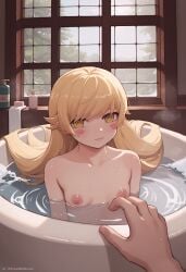 1boy ai_generated artist_name bangs bath bathing bathroom bathtub blonde_hair blush blush_stickers breasts closed_mouth collarbone completely_nude day female flat_chest indoors long_hair looking_at_viewer mixed_bathing monogatari_(series) nipples nude oshino_shinobu partially_submerged patreon_username petite pointy_ears pov pov_hands small_breasts smile soap solo_focus steam straight sweat sweatdrop twitter_username upper_body very_long_hair watashinogovno water watermark wet wet_hair window yellow_eyes
