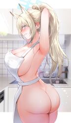 animal_ears armpits arms_up ass blue_archive breasts coqua female kanna_(blue_archive) kitchen naked_apron tagme