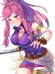 big_breasts boris_(noborhys) breasts clothed female female_focus female_only fire_emblem fire_emblem:_the_sacred_stones gloves human long_hair looking_at_viewer marisa_(fire_emblem) nintendo pink_eyes pink_hair smile solo solo_focus sword