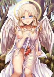 absurd_res absurdres angel angel_girl angel_wings apples blonde_hair blue_eyes blush female grass halo hi_res highres large_breasts nipple_visible_through_clothes nipples partially_clothed ribbon ribbons rocks sen_(astronomy) shiny_skin smile sweat sweatdrop trees upscaled white_dress