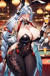 ai_generated big_ass big_breasts big_butt big_thighs breasts_bigger_than_head bunny_costume bunny_ears bunny_girl bunnysuit casino drink embarrassed fat_ass fat_butt genshin_impact holding_object huge_ass huge_breasts huge_butt huge_thighs long_hair nervous nervous_sweat public rcally shenhe_(genshin_impact) thick thick_ass thick_thighs thighs tight_clothing wide_hips