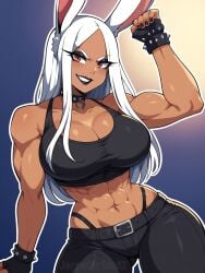 abs ai_generated big_breasts black_clothes black_clothing black_lipstick black_makeup boku_no_hero_academia breasts bunny_ears bunny_girl cleavage collar dark_makeup fingerless_gloves gloves goth goth_girl gothic gothified jorgecarlosai lipstick long_hair mirko miruko muscular muscular_arms muscular_female my_hero_academia pants red_eyes rumi_usagiyama smirk spiked_gloves thong toned toned_female watermark white_hair