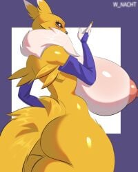 absurd_res areola ass bandai_namco big_breasts big_butt breasts clothing digimon digimon_(species) fur hi_res huge_breasts hyper hyper_breasts looking_at_viewer nipples nude renamon simple_background tail white_body white_fur winter_nacht