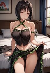 ai_fingers ai_generated bedroom black_hair black_panties female female_only god_eater half-closed_eyes large_breasts pale-skinned_female pale_skin panties red_eyes seductive seductive_smile short_hair sitting sitting_on_bed skirt_up tachibana_sakuya thick_thighs