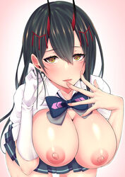 1girls absurdres azur_lane black_hair blue_skirt blush breasts breasts_out cleavage commentary_request eyebrows_visible_through_hair female female_only gloves grey_background hair_between_eyes hair_ornament half-closed_eyes hand_to_own_mouth highres kira_kazuki large_breasts leaning_forward light-skinned_female light_skin lips long_hair looking_at_viewer nipples oni_horns open_clothes parted_lips pleated_skirt sakura_empire_(azur_lane) school_uniform shirt simple_background single_glove skirt sleeves_folded_up solo suzuya_(azur_lane) white_gloves white_shirt yellow_eyes