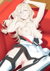 armpits blonde_hair blue_eyes breasts censored female female_only floor highres indoors kantai_collection lips long_hair looking_at_viewer medium_breasts mole mole_under_eye mole_under_mouth mosaic_censoring nipples open_mouth pussy richelieu_(kantai_collection) shingyou_(alexander-13) smile solo solo_female thighhighs white_thighhighs