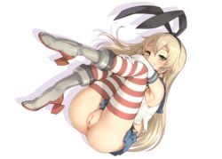 1girls anus bosshi front_view full_body innie_pussy kantai_collection no_panties pussy shimakaze_(kantai_collection) uncensored white_background wide_image