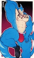 abs anthro blue_body blue_fur bulge clothed fish hands_behind_head looking_at_viewer marine muscular muscular_anthro muscular_male neck_chain nipples nux nux_shark nux_thairon orkatexu pecs red_uniform shark shoes simple_background smiling_at_viewer solo tan_body tan_fur tattoo two_tone_body two_tone_fur underwear_only