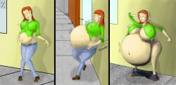 2007 belly_expansion blue_pants breast_expansion bubble bubbles button_pop comic female green_shirt inflation judasrockinpriest nipples_visible_through_clothing pants pants_around_ankles pink_panties red_hair street