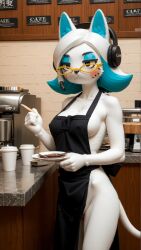 ai_generated anthro apron blue_hair breasts cafe cat_ears cat_tail covered_nipples facial_markings female glasses headphones holding_object indoors karen_(smg4) marusame pony_realism(model) public_nudity pussy_peek realistic sideboob smg4 stable_diffusion starbucks two-tone_hair unamused white_fur