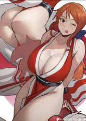 ass belt big_ass big_breasts blinking female female_only foonie_xd front_view ginger hands_behind_back mai_shiranui_(cosplay) nami one_piece post-timeskip red_gloves red_head tights tongue_out