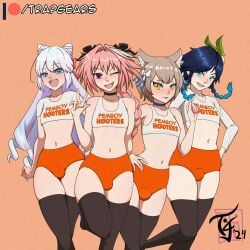 1:1 4boys animal_ears aqua_eyes artist_signature astolfo_(fate) black_bow black_hair blue_eyes blue_hair blush bow braid brown_hair bulge cat_boy cat_ears choker cone_hair_bun cream_background crop_top crossdressing crossover drill_hair employee_uniform exposed_midriff fast_food_uniform fate_(series) felix_argyle femboy femboy_hooters fire_emblem fire_emblem_engage flower folded_twintails gears genshin_impact girly gradient_hair hair_bun hair_horns hair_intakes hair_ornament hairbow hooters kemonomimi light-skinned_male light_blue_hair light_skin long_braid long_hair long_sleeves looking_at_viewer male male_only meme midriff multicolored_hair multiple_boys navel nekomimi nintendo oerba_yun_fang one_eye_closed open_mouth orange_background orange_shorts otoko_no_ko patreon patreon_username pink_hair purple_eyes re:zero_kara_hajimeru_isekai_seikatsu ribbon rosado_(fire_emblem) shirt short_eyebrows short_hair short_hair_with_long_locks short_sleeves shorts simple_background single_braid sleeveless smile streaked_hair tank_top thighhighs tongue tongue_out trapgears twin_braids uniform venti_(genshin_impact) white_bow white_flower white_hair yellow_eyes