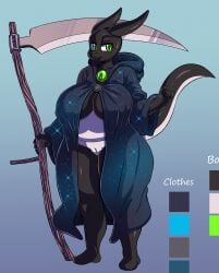 2018 animal_humanoid anthro big_breasts big_butt bottomless breasts cloak clothed clothing deity digital_media_(artwork) dragon dragon_humanoid edit edited fabianoferreira female female_only frown green_eyes hi_res holding_object holding_weapon horn humanoid looking_at_viewer melee_weapon model_sheet nildusk_(ninstarrune) polearm pussy scalie scary_face scythe simple_background solo standing thick_thighs toto_draw voluptuous weapon wide_hips