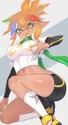 brown_hair female green_eyes inkling jtveemo multicolored_hair nipple_bulge oc rika_(character) rika_dimensional_ninja shuriken splatoon unusual_pupils