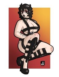 1girls 2025 artist_logo black_hair brown_eyes choker cleavage commission deep_cleavage eyeliner eyeshadow female female_focus female_only goth goth_girl hair_ornament high_heels large_breasts lip_piercing loboworks morgan_(loboworks) original pale_skin septum_piercing short_hair solo solo_female solo_focus tattoo