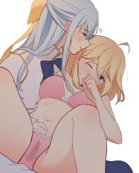 2girls ahoge anisphia_wynn_palettia blonde_hair blush bra_strap breasts canon_couple cleavage color covering_mouth ear_blush euphyllia_magenta finger_fuck fingering fingering_partner full-face_blush fully_clothed green_eyes grey_hair licking_ear long_hair looking_at_another looking_pleasured married_couple mischievous_smile multiple_girls one_eye_closed partially_clothed pink_bra pink_panties purple_eyes pussy_juice pussy_juice_stain risai romantic romantic_couple saliva saliva_trail short_hair smile tears tears_of_pleasure tensei_oujo_to_tensai_reijou_no_mahou_kakumei underwear_only white_background wife_and_wife yuri