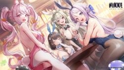 4girls alice_(nikke) alice_(wonderland_bunny)_(nikke) ass big_breasts black_hair blue_eyes braid breasts bunny_ears bunnysuit cleavage closed_eyes female_only folkwang folkwang_(moist_rabbit) goddess_of_victory:_nikke green_hair grin large_breasts long_hair mary_(medical_rabbit)_(nikke) mary_(nikke) open_mouth pink_eyes purple_hair sideboob sitting soda_(nikke) soda_(twinkling_bunny)_(nikke) sweat twintails upper_teeth white_hair