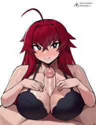 1boy 1girls blue_eyes breasts donburikazoku female high_school_dxd huge_breasts huge_cock light-skinned_female light-skinned_male light_skin long_hair male male_pov naughty_face nipples paizuri penis pov red_hair rias_gremory titjob uncensored