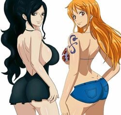 2girls arm_at_side artist_request ass ass_cleavage back backless_outfit bangs bare_arms bare_back bare_legs bare_shoulders bikini_top black_dress black_hair blue_eyes blue_shorts breasts brown_eyes butt_crack closed_mouth denim denim_shorts dimples_of_venus dress dressrosa earrings female female_only floral_print from_behind hand_on_hip jewelry large_breasts legs long_hair looking_at_viewer looking_back medium_breasts multiple_females multiple_girls nami naughty_face neck nico_robin no_panties one_piece orange_hair post-timeskip post_timeskip revealing_clothes short_shorts shorts side-by-side sideboob simple_background smile standing swept_bangs tattoo underboob white_background