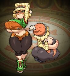 2d 2d_(artwork) arms_(game) ass bangs beanie blonde_hair breast_expansion breasts cleavage female green_eyes jellot looking_at_viewer looking_away looking_back mask min_min_(arms) nintendo nipples no_bra short_hair shorts sideboob socks sports_bra stretching sweat sweatdrop tank_top thighs tights yoga_pants