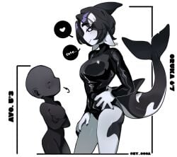 <3 ... 2girls female female_only fin fins furry hair height_difference leotard long_sleeves looking_down_at_another looking_down_at_partner ny_000a orca orca_girl orca_tail oruka_(ny_000a) short_hair size_difference small swimsuit tail tall tall_female yuri