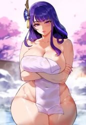 1girls ai_generated big_breasts big_thighs blush blush_lines blushing_at_viewer female female_focus female_only genshin_impact hi_res huge_breasts huge_thighs large_breasts large_thighs lips miyuai nai_diffusion onsen patreon purple_eyes purple_hair raiden_shogun solo solo_female solo_focus stable_diffusion thiccwithaq_(ai_style) thick thick_butt thick_hips thick_legs thick_lips thick_thighs thighs towel towel_only wide_hips