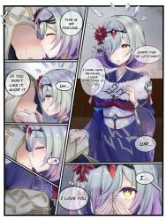 1boy 1girls alternate_costume bent_over breasts closed_eyes comic english_text female female_focus fire_emblem fire_emblem_heroes flower grey_hair hair_flower hair_over_one_eye hand_on_another&#039;s_thigh hands_on_another&#039;s_face i_love_you imminent_sex indoors japanese_clothes kimono kiran_(fire_emblem) kiran_(fire_emblem)_(male) kissing kissing_cheek kvasir_(fire_emblem) kvasir_(unknown_future)_(fire_emblem) long_sleeves male multicolored_hair nenemu0 new_year night nintendo official_alternate_costume pink_eyes purple_hair short_hair small_breasts solo_focus sound_effects text wide_sleeves x-ray yellow_eyes