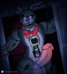 absurd_res animatronic anthro balls big_penis blue_body bodily_fluids digital_media_(artwork) erection exposed_endoskeleton five_nights_at_freddy's five_nights_at_freddy's_4 genital_fluids genitals glowing glowing_eyes hi_res hook humanoid_genitalia humanoid_penis hybrid_genitalia lagomorph leporid machine male mammal mandyfoxy nightmare_bonnie nightmare_bonnie_(fnaf) oh..._my_penis_is_big... penis purple_eyes rabbit robot scottgames sharp_teeth solo teeth tongue