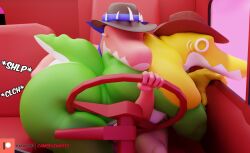 3d 3d_(artwork) all_fours anthro ass ass_up butt_focus camseven candy chad_(the_amazing_digital_circus) clothing cowboy_hat dessert digital_media_(artwork) duo fingering food food_creature gay glitch_productions green_body gummigoo_(the_amazing_digital_circus) gummy_(food) gummy_creature hat headgear headwear hi_res living_candy looking_out_window male male/male muscular rear_view red_body small_tail solo sound_effects spiked_tail spikes spikes_(anatomy) steering_wheel surprised_expression tail the_amazing_digital_circus truck_(vehicle) vehicle yellow_body