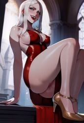ai_generated carmilla_(castlevania) castlevania demonsummonerai dress fanart fangs fully_clothed nipple_bulge nipples pale-skinned_female pussy pussy_juice_drip red_dress thiccwithaq_(ai_style) vampire vampire_girl