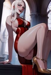 ai_generated carmilla_(castlevania) castlevania demonsummonerai dress fanart fangs female_only fully_clothed nipple_bulge nipples pale-skinned_female pussy pussy_juice_drip red_dress thiccwithaq_(ai_style) vampire vampire_girl