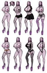 1girls arms_behind_back bimbo breasts busty cleavage dc dc_comics drool drooling fake_breasts female female_only fishnet_legwear fishnet_stockings fishnets goth high_heels hourglass_figure lipstick multiple_poses nipple_piercing nipple_tape open_toe_shoes pierced_nipples piercing piercings platform_heels purple_eyes purple_hair purple_lipstick rachel_roth raven_(dc) school_uniform sling_bikini standing teen_titans twintails voluptuous weakj