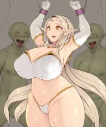 blonde_hair bound breasts elf gloves goblin goblin_male highres huge_breasts icicle_(circle) navel open_mouth panties pointy_ears thick_thighs thighs underwear wide_hips