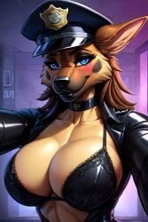 ai_generated anthro blue_eyes blush bra breasts canine choker female furry german_shepherd jacket long_eyelashes police_hat rndacct