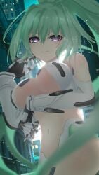 1girls arm_under_breasts big_breasts breasts busty female female_only gloves green_hair green_heart half-closed_eyes highres large_breasts long_hair looking_at_viewer navel neptunia_(series) polearm ponytail purple_eyes seductive_gaze seductive_smile sensual smile solo underboob vert weapon