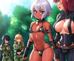 1boy 3girls 3girls1boy ai_generated androgynous army army_girl army_uniform big big_breasts bikini blush collar elf_ears femboy girly half-dressed half_naked micro_bikini military military_bikini military_uniform shiny_skin slim_waist tanned tanned_skin tattoo wide_hips