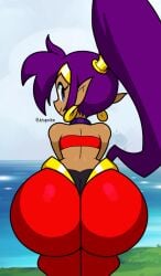 1girls ass ass_focus big_ass big_butt blue_eyes brown_skin bubble_butt butt_crack butt_focus dark_skin dark_skinned_female earrings fat_ass female female_only genie jutsapostion pointy_ears purple_hair shantae shantae_(character) sitting smile solo