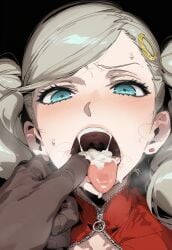 1boy 1girls ai_generated angry ann_takamaki blonde_bitch blonde_hair blue_eyes cum cum_in_mouth cum_on_tongue dark-skinned_male dark_skin female finger_in_mouth fingers_in_mouth interracial light-skinned_female light_skin open_mouth persona persona_5 platinum_blonde_hair slut thxxx59 tongue tongue_out twintails