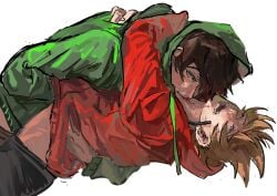 2boys bite biting biting_neck black_pants blood brown_eyes brown_hair edd edd_(eddsworld) eddsworld gay green_eyes green_hoodie grey_eyes hand_under_clothes hood hood_up hoodie hot hug kuangzihaixing long_sleeves looking_at_another male male/male male_focus male_only multicolored_eyes multiple_boys open_mouth pants red_eyes red_hoodie short_hair simple_background tears teeth tord tord_(eddsworld) white_background yaoi